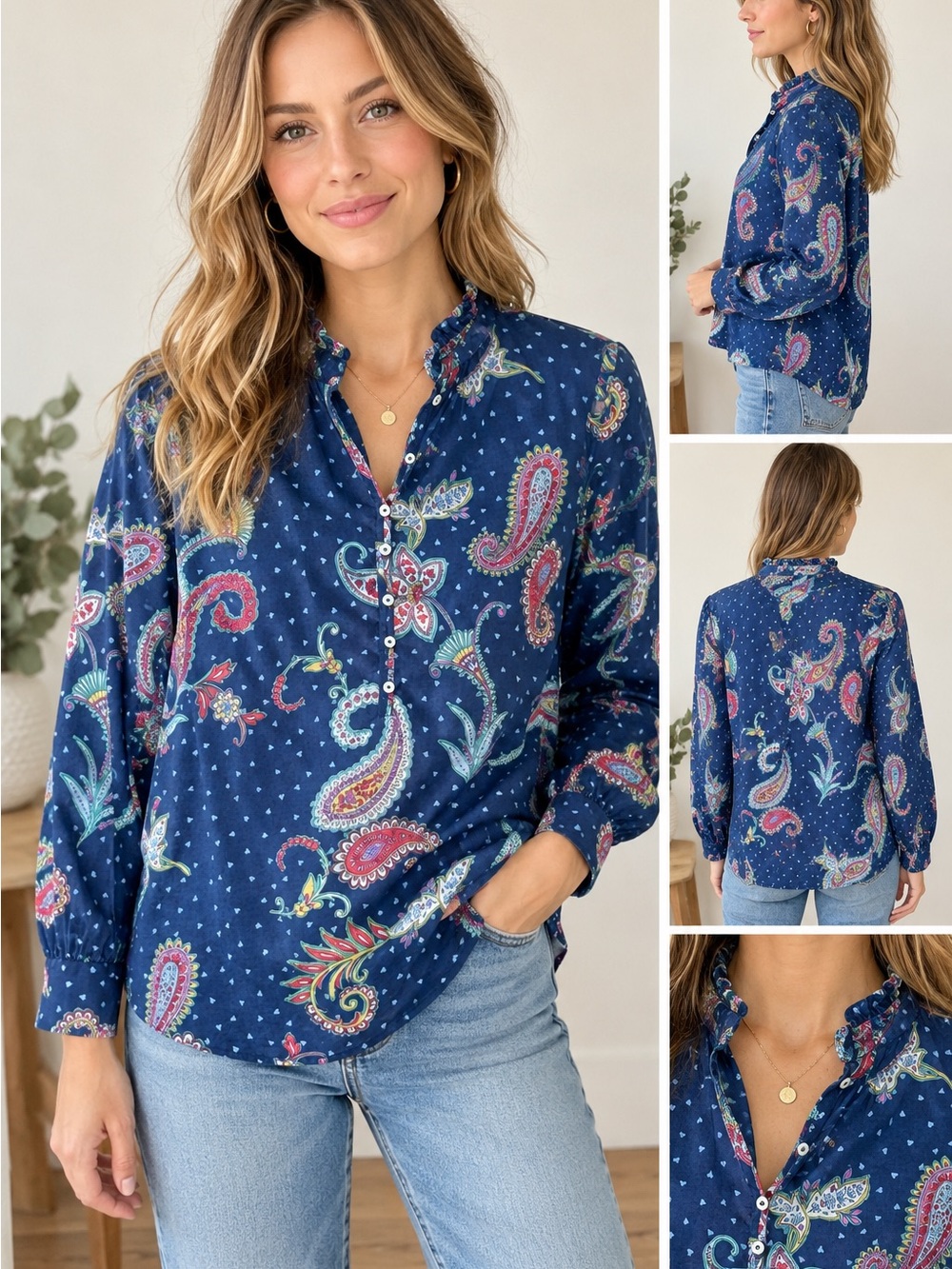 Talbots "Twinkle Paisley" Cotton Ruffle Band Collar Blouse Size Petite P
